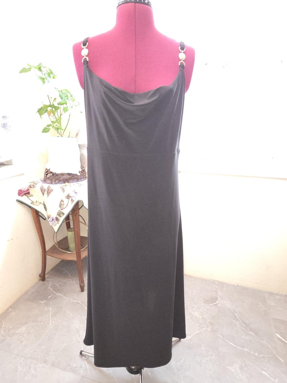 NWT, White House Black Market Black Cowl Neck Slip Dress with Chain Straps. GGCP